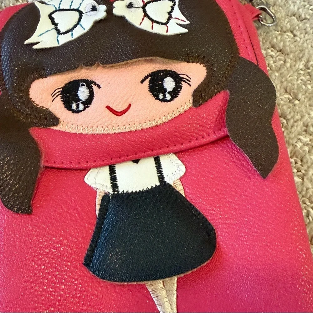 Pink Little Girl Shoulder Bag Small Purse Crossbody Brown Hair Fish Bow Dress